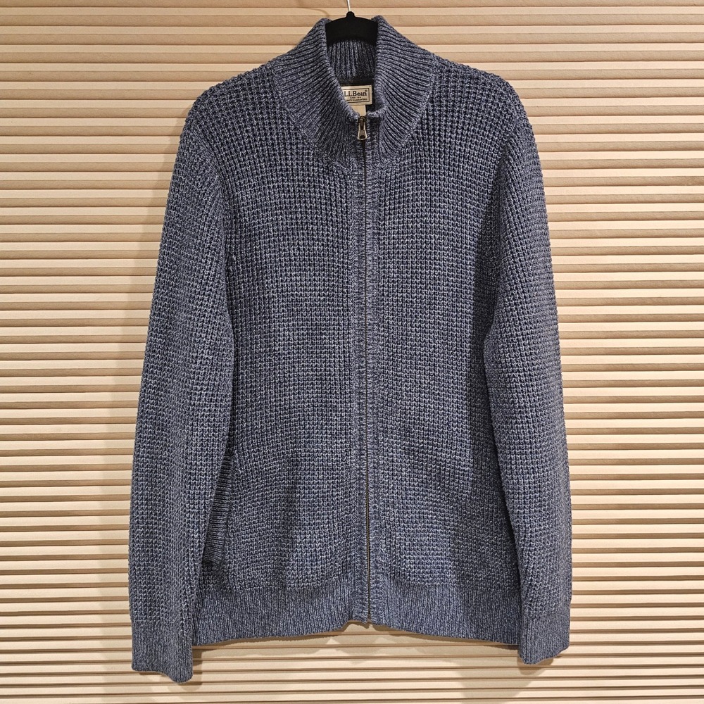 LL Bean Mens Large Organic Cotton Full Zip Waffle Knit Sweater Blue 508221